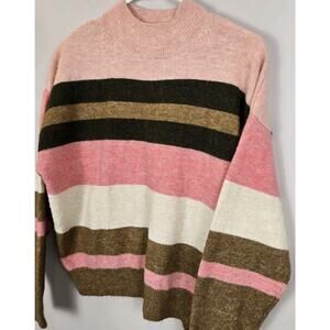 H&M Pullover Sweater Small Pink Striped Knit Wool High Neck Long Sleeve Retro